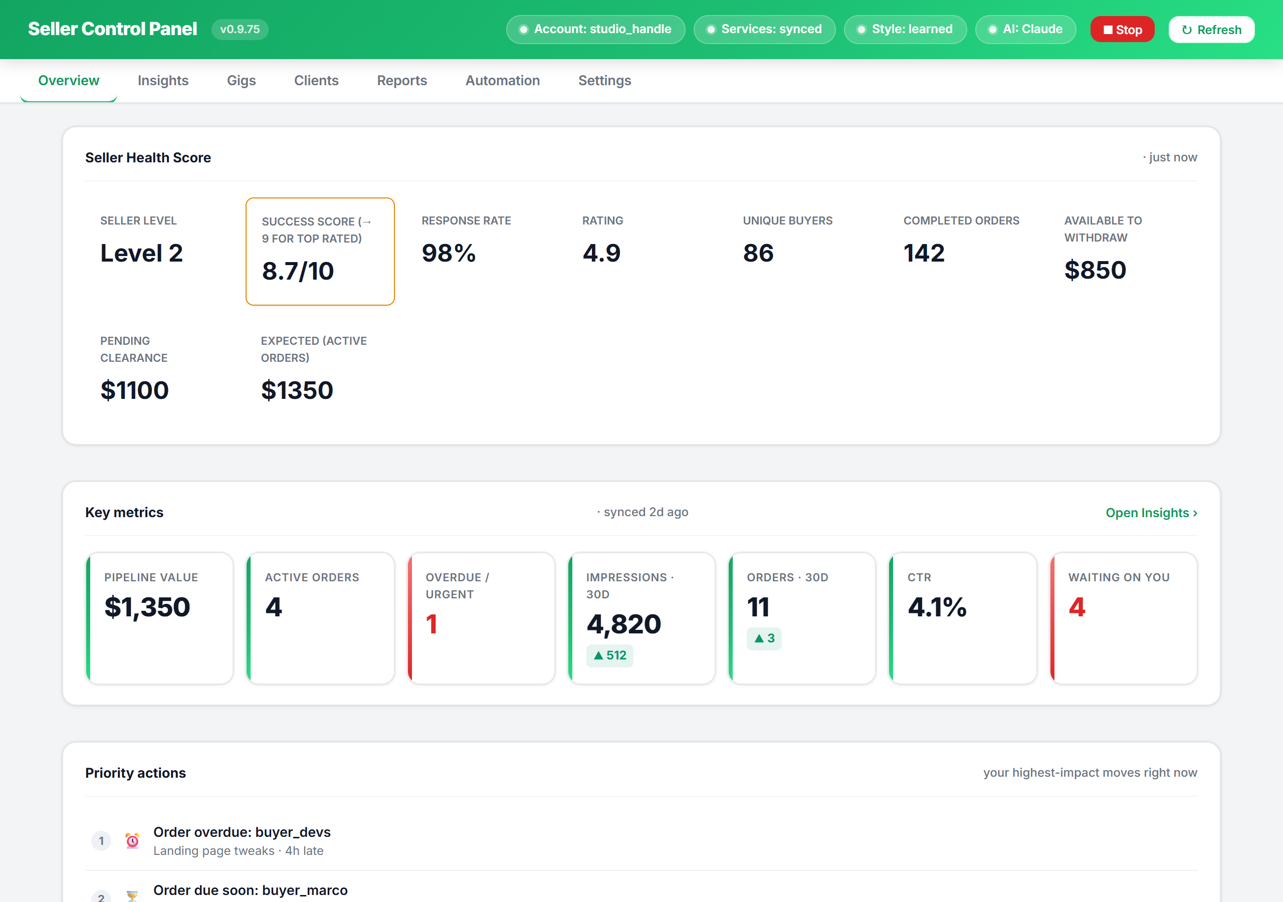 Seller OS dashboard showing seller health, priorities, metrics, and deadlines